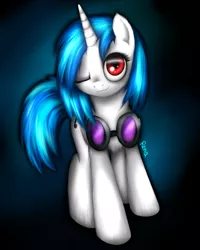 Size: 800x1000 | Tagged: safe, artist:puggie, derpibooru import, vinyl scratch, :3, solo, wink