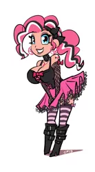 Size: 720x1300 | Tagged: artist:moronsonofboron, big breasts, boots, breasts, busty pinkie pie, cleavage, female, goth, gothic, gothic pinkie, grin, human, humanized, pinkie pie, pinkie pie's boutique, solo, solo female, suggestive