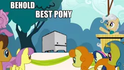 Size: 960x540 | Tagged: battleblock theater, behold, best pony, bon bon, caramel, carrot top, derpibooru import, edit, edited screencap, forced meme, golden harvest, image macro, lemon hearts, mayor mare, meme, safe, screencap, sweetie drops, the last roundup