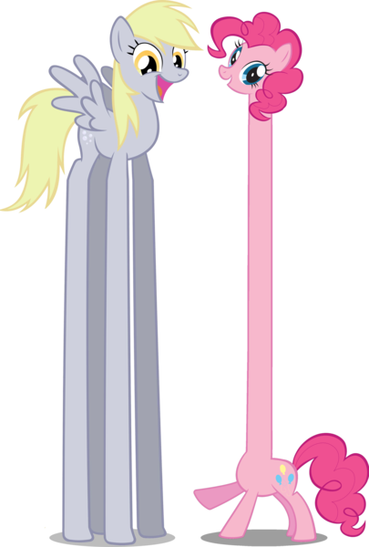 Size: 2586x3831 | Tagged: safe, derpibooru import, derpy hooves, pinkie pie, pegasus, pony, duo, female, happy, high res, impossibly long legs, impossibly long neck, long legs, long neck, mare, simple background, smiling, tall pone, transparent background, underp, vector, wat