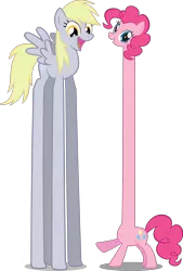 Size: 2586x3831 | Tagged: safe, derpibooru import, derpy hooves, pinkie pie, pegasus, pony, duo, female, happy, high res, impossibly long legs, impossibly long neck, long legs, long neck, mare, simple background, smiling, tall pone, transparent background, underp, vector, wat