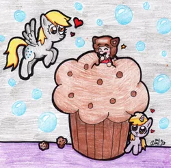 Size: 1024x1006 | Tagged: safe, artist:babyabbiestar, derpibooru import, derpy hooves, dinky hooves, pegasus, pony, bubble, crossover, female, giant muffin, heart, mare, mario, micro, muffin, nintendo, super mario bros., traditional art