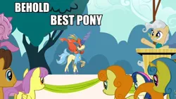 Size: 960x540 | Tagged: behold, best pony, bon bon, caramel, carrot top, derpibooru import, edit, edited screencap, golden harvest, image macro, keldeo, lemon hearts, mayor mare, meme, parasol, pokémon, safe, screencap, sweetie drops, the last roundup