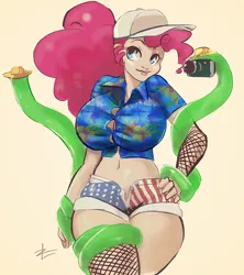 Size: 800x899 | Tagged: suggestive, artist:lizombie, derpibooru import, pinkie pie, belly button, big breasts, breasts, busty pinkie pie, female, humanized, image, png, solo, solo female, tentacle porn, tentaclepie, tentacles, tentacles on female