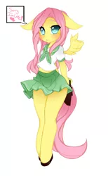 Size: 2975x4822 | Tagged: ambiguous facial structure, anthro, artist:punipaws, blushing, clothes, derpibooru import, fluttershy, safe, school uniform, skirt, solo, unguligrade anthro