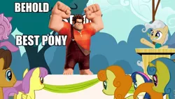 Size: 827x466 | Tagged: behold, best pony, bon bon, caramel, carrot top, derpibooru import, edit, edited screencap, golden harvest, image macro, lemon hearts, mayor mare, meme, parasol, safe, screencap, sweetie drops, the last roundup, wreck-it ralph