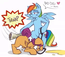 Size: 800x700 | Tagged: suggestive, artist:stoney pony, derpibooru import, rainbow dash, scootaloo, accident, dashdom, female, image, jpeg, leash, lesbian, mare on filly, newspaper, pet play, scootabuse, scootadash, scootapet, scootasub, shipping, spanking, urine, watersports