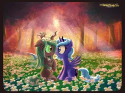 Size: 2036x1510 | Tagged: safe, artist:willisninety-six, derpibooru import, princess luna, queen chrysalis, alicorn, changeling, nymph, pony, :o, backlighting, blushing, chrysaluna, crepuscular rays, cute, cutealis, eye contact, female, filly, first contact, floppy ears, floral head wreath, flower, flower in hair, forest, lesbian, meadow, shipping, sitting, spread wings, sunset, tree, wide eyes, woona, younger
