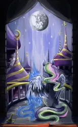 Size: 1000x1625 | Tagged: artist:purplelemons, balcony, dark, derpibooru import, mare in the moon, moon, night, princess celestia, princess luna, safe, solo