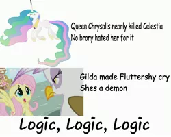 Size: 5000x4000 | Tagged: safe, derpibooru import, fluttershy, gilda, princess celestia, queen chrysalis, alicorn, gryphon, pegasus, pony, comic sans, crying, drama, female, gilda drama, logic, mare, open mouth, text