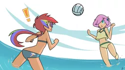 Size: 2732x1536 | Tagged: artist:red-poni, ball, belly button, bikini, buttcrack, clothes, derpibooru import, duo, exclamation point, fluttershy, human, humanized, midriff, ocean, rainbow dash, safe, sports, swimsuit, tankini, volleyball, water