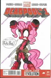 Size: 800x1220 | Tagged: dead source, safe, artist:ponygoddess, derpibooru import, pinkie pie, earth pony, pony, clothes, comic, costume, cover, crossover, deadpool, female, mare, marvel, parody, pinkiepool, solo, traditional art