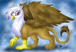 Size: 800x551 | Tagged: dead source, safe, artist:maurincl, derpibooru import, gilda, gryphon, abstract background, cheek fluff, chest fluff, female, looking sideways, raised claw, signature, solo, spread wings, wing fluff, wings