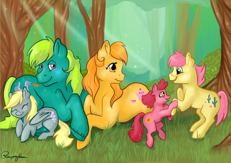 Size: 1023x723 | Tagged: adult, artist:reaperfox, baby ribbs, baby ruby, crumpet, derpibooru import, derpy hooves, family, filly, g1, older, parent, safe, tex, younger