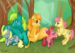 Size: 1023x723 | Tagged: adult, artist:reaperfox, baby ribbs, baby ruby, crumpet, derpibooru import, derpy hooves, family, filly, g1, older, parent, safe, tex, younger