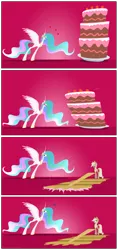 Size: 2037x4308 | Tagged: safe, artist:grievousfan, derpibooru import, applejack, princess celestia, ..., :t, angry, cake, cakelestia, cardboard cutout, celestia is not amused, comic, eyes on the prize, frown, glare, heart, heart eyes, liar face, liarjack, open mouth, portal (valve), reference, scrunchy face, smiling, spread wings, the cake is a lie, tongue out, unamused, wingboner, wingding eyes