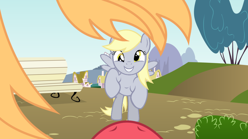 Size: 1000x563 | Tagged: safe, derpibooru import, big macintosh, derpy hooves, earth pony, pony, derpymac, derpytosh, female, heartwarming description, incoming hug, male, mare, outdoors, palindrome get, pov, shipping, stallion, straight