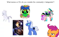 Size: 955x606 | Tagged: antagonist, chickun, derpibooru import, discussion, evil, exploitable meme, gak, lined paper, meme, nightmare dupe, nightmare moon, oc, oc:sketchy the notebook pony, oc:spell nexus, question, safe, scootaloo, text, tiara ultima