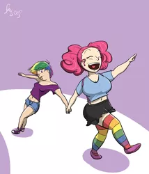 Size: 686x800 | Tagged: artist:sanders, belly button, breasts, busty pinkie pie, clothes, converse, derpibooru import, female, happy, humanized, midriff, pinkie pie, rainbow dash, safe, shoes, thigh highs