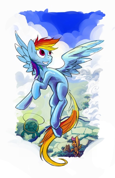 Size: 792x1224 | Tagged: artist:hobbes-maxwell, flying, rainbow dash, safe, scootaloo, tank, vertigo