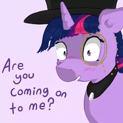 Size: 800x800 | Tagged: safe, artist:prosper58, derpibooru import, twilight sparkle, pony, askexquisitetwits, blushing, dialogue, female, hat, mare, monocle, purple background, simple background, solo, top hat, tumblr