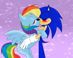 Size: 1875x1502 | Tagged: safe, artist:leylahshan, derpibooru import, pony, blushing, crossover, crossover shipping, female, heart, interspecies, kissing, love, male, request, shipping, sonic the hedgehog, sonic the hedgehog (series), sonicdash, straight