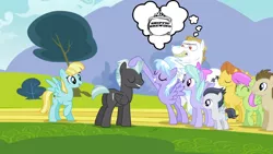 Size: 1366x768 | Tagged: safe, derpibooru import, screencap, bulk biceps, cloudchaser, crescent pony, flitter, helia, mane moon, merry may, roid rage, rumble, thunderlane, warm front, pegasus, pony, colt, female, image macro, male, meme, shipfic brewing, shipper on deck, shipping, straight, sunflower, thunderchaser