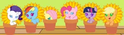 Size: 10400x3000 | Tagged: safe, artist:beavernator, derpibooru import, applejack, fluttershy, pinkie pie, rainbow dash, rarity, twilight sparkle, pony, anne geddes, babity, baby, baby dash, baby pie, baby pony, babyjack, babylight sparkle, babyshy, flower, flower pot, foal, mane six, sunflower