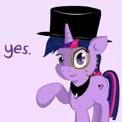 Size: 800x800 | Tagged: safe, artist:prosper58, derpibooru import, twilight sparkle, pony, unicorn, askexquisitetwits, dialogue, hat, looking at you, monocle, open mouth, purple background, raised hoof, reaction image, simple background, smiling, solo, top hat, tumblr, yes