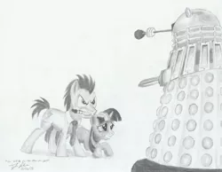 Size: 3200x2480 | Tagged: artist:millenniumfalsehood, dalek, derpibooru import, doctor who, doctor whooves, doctor whooves and assistant, monochrome, safe, sonic screwdriver, time turner, traditional art, twilight sparkle