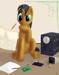 Size: 1185x1500 | Tagged: artist:hieronymuswhite, breadboard, copper bolt, derpibooru import, electronics, oc, oscilloscope, safe, soldering iron, solo, unofficial characters only