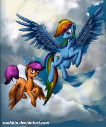 Size: 1700x2028 | Tagged: artist:suahkin, derpibooru import, flying, rainbow dash, safe, scootaloo