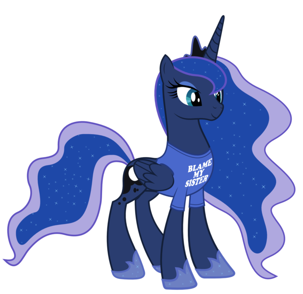 Size: 1500x1457 | Tagged: artist:alexiy777, blame my sister, clothes, derpibooru import, edit, idw, idw showified, magic shirt, princess luna, safe, simple background, solo, spoiler:comic, spoiler:comic09, transparent background, t-shirt, vector