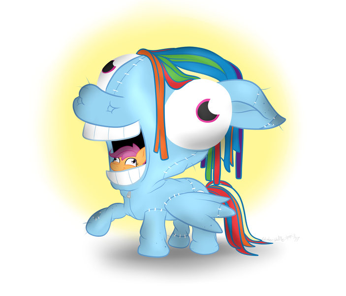 Size: 3400x2900 | Tagged: artist:wonder-waffle, clothes, costume, derpibooru import, idw, nightmare fuel, obsession, pony costume, rainbow dash, safe, scootaloo, scootobsession