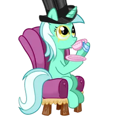 Size: 1000x1000 | Tagged: safe, derpibooru import, lyra heartstrings, pony, unicorn, classy, cup, hat, monocle, plate, simple background, sitting, sitting lyra, solo, tea, teacup, top hat, transparent background
