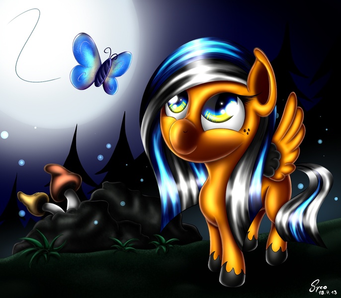 Size: 1600x1400 | Tagged: safe, artist:sycoartworks, derpibooru import, oc, oc:skydust, unofficial characters only, butterfly, filly, solo