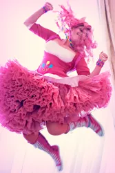 Size: 900x1350 | Tagged: artist:alcblueyes, cosplay, derpibooru import, human, irl, irl human, jumping, photo, pinkie pie, safe, solo