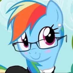 Size: 719x721 | Tagged: safe, derpibooru import, edit, edited screencap, screencap, rainbow dash, pegasus, pony, the mysterious mare do well, adorkable, blushing, clothes, cute, dork, ear piercing, earring, glasses, jewelry, piercing, rainbow dork, solo, suit