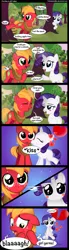 Size: 1000x3600 | Tagged: safe, artist:coltsteelstallion, derpibooru import, big macintosh, rarity, earth pony, pony, applebucking, blushing, colt, comic, cooties, cute, filly, heartbreak, kissing, male, raribetes, rarimac, shipping, shipping denied, stallion, straight, tower of pimps