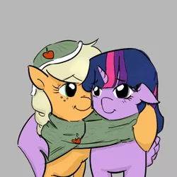 Size: 500x500 | Tagged: safe, artist:askmutesparkle, artist:vincent-kisaragi, derpibooru import, applejack, twilight sparkle, twilight sparkle (alicorn), alicorn, pony, author:askmutesparkle, clothes, female, hat, lesbian, mare, older, scarf, shared clothing, shared scarf, shipping, side hug, twijack