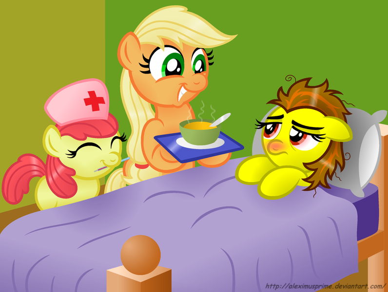 Size: 1024x772 | Tagged: adorabloom, apple bloom, applejack, artist:aleximusprime, askthesixelementals, bed, cute, derpibooru import, earth, mouth hold, nurse, oc, oc:terra, safe, sick, soup, thermometer