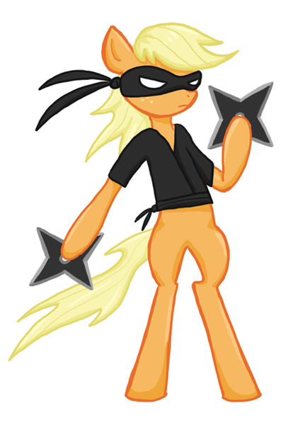 Size: 600x870 | Tagged: safe, artist:thecheeseburger, derpibooru import, applejack, pony, bipedal, ninja, shuriken, simple background, solo