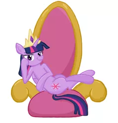 Size: 855x900 | Tagged: safe, artist:thecheeseburger, derpibooru import, twilight sparkle, twilight sparkle (alicorn), alicorn, pony, crown, female, mare, queen, sitting, smug, smuglight sparkle, solo, throne, throne slouch, tyrant sparkle