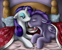 Size: 988x809 | Tagged: safe, artist:bakameganekko, derpibooru import, rarity, oc, oc:kydose, pegasus, pony, unicorn, bed, blanket, canon x oc, kissing, love, pillow, raridose, shipping