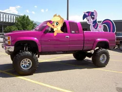 Size: 800x609 | Tagged: applejack, applejack truck, cardboard cutout, cardboard twilight, derpibooru import, irl, photo, ponies in real life, safe, truck, vehicle, waving