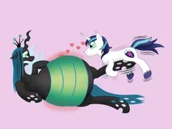 Size: 1280x960 | Tagged: artist:8aerondight8, backfire, belly, belly expansion, bloated, changeling feeding, changeling overfeeding, derpibooru import, fat, female, force feeding, growth, inflation, love, male, queen chrysalard, queen chrysalis, safe, shining armor, shining chrysalis, shipping, straight, swollen