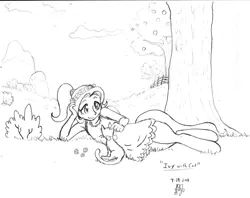 Size: 1500x1185 | Tagged: artist:dj-black-n-white, cat, cloud, cloudy, derpibooru import, flower, grass, monochrome, mountain, oc, oc:ivy, offspring, parent:fluttershy, safe, satyr, solo, tree, unofficial characters only