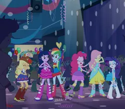 Size: 400x350 | Tagged: safe, derpibooru import, screencap, applejack, curly winds, fluttershy, mystery mint, pinkie pie, rainbow dash, rarity, rose heart, scribble dee, some blue guy, spike, sweet leaf, teddy t. touchdown, tennis match, twilight sparkle, dog, equestria girls, equestria girls (movie), background human, balloon, bare shoulders, boots, dancing, equestria girls prototype, fall formal outfits, high heel boots, humane five, mane six, out of context, party, sleeveless, spike the dog, strapless