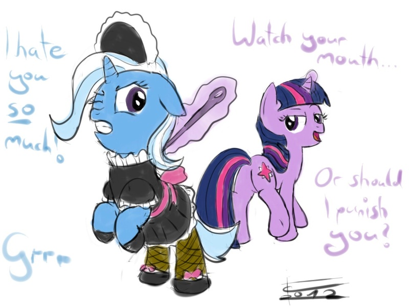 Size: 1000x750 | Tagged: artist:crade, clothes, derpibooru import, dialogue, domination, female, femdom, femsub, fishnets, maid, safe, slave, submissive, the weak and powerless trixie, trixie, twidom, twilight sparkle
