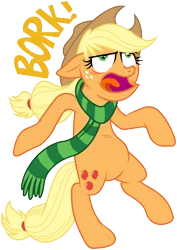 Size: 4259x6000 | Tagged: safe, artist:masem, derpibooru import, idw, applejack, pony, absurd resolution, bipedal, bork, clothes, floppy ears, open mouth, palindrome get, scarf, silly, silly pony, simple background, solo, tongue out, transparent background, vector, who's a silly pony